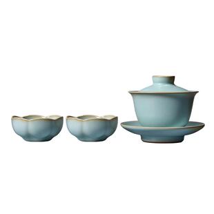 东道汝窑陶瓷茶具茶杯茶桌招待主人杯馆藏撇口盖碗+福瓣杯天青色