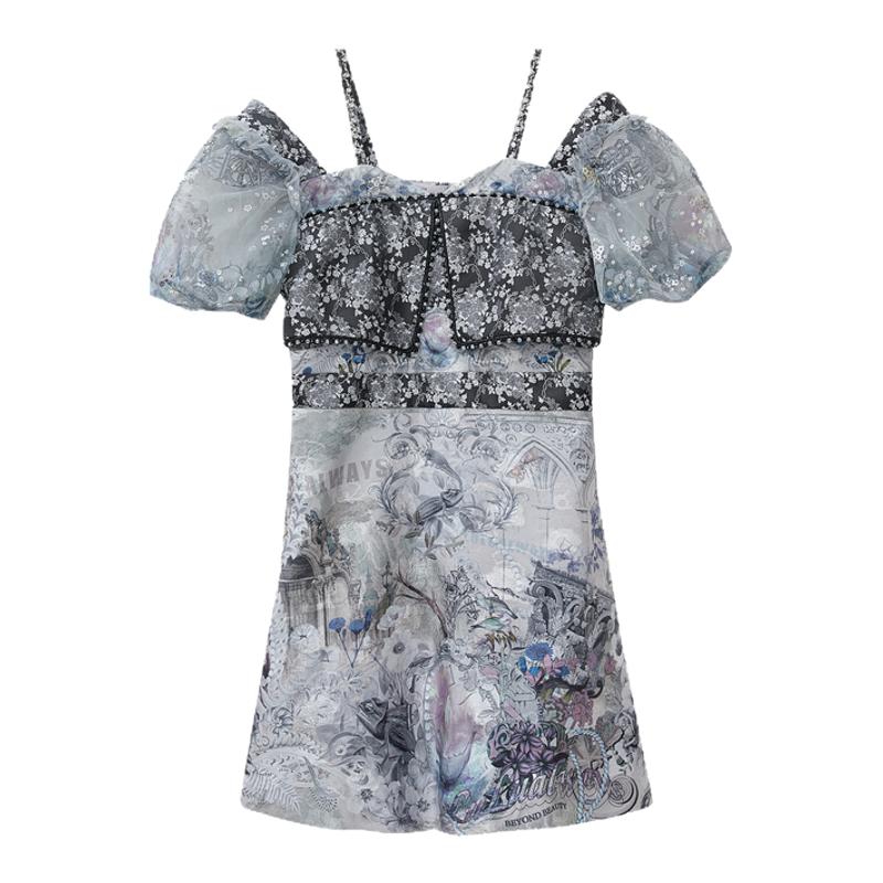 我爱露露LULUALWAYS夏季新款时尚优雅吊带短袖短款连衣裙