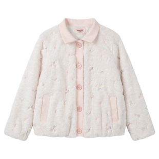 织物猪 绒绒桃汁 甜美风奶白翻领毛外套女冬可爱软糯短款夹棉棉衣