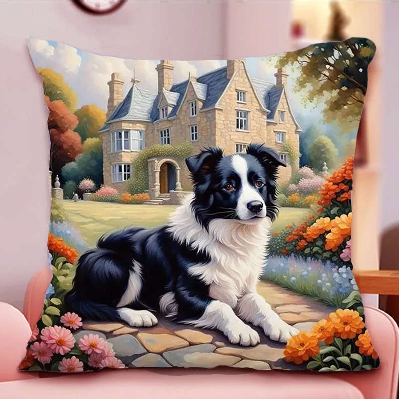 宠物狗边牧抱枕十字绣手工diy满绣沙发靠枕狗狗图案欧式庄园风景
