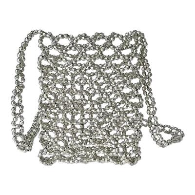 韩版金属银色手工串珠手机包斜挎