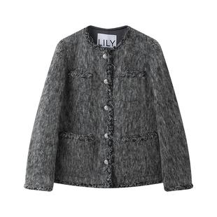 LILY2025冬新款女装格雷系羊毛混纺气质撞色小香风毛呢外套短款