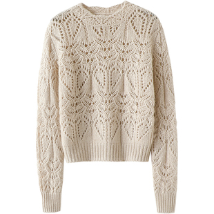 美呀~重工镂空钩花内搭外穿山羊绒衫女圆领纯羊绒毛衣针织衫秋冬