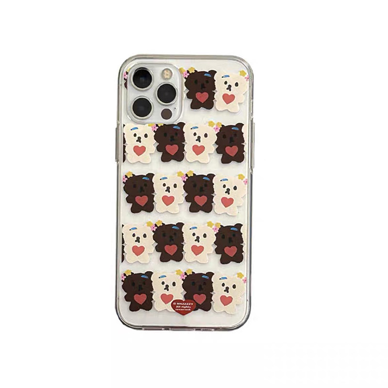 自制韩国ins卡通可爱复古爱心棕色白色小熊iPhone12mini13pro14plus15透明全包可挂绳手机壳适用于苹