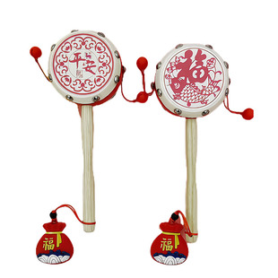 启蒙礼玩具拨浪鼓婴儿可啃咬硅胶珠羊皮鼓面视听抓握传统老式手工