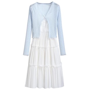 清纯系粉色针织开衫加白色吊带连衣裙女2025新款夏日穿搭两件套装