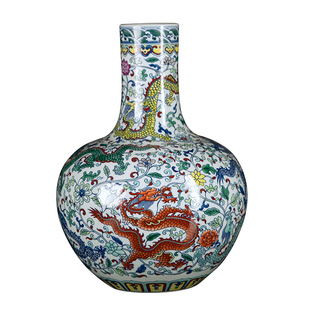 景德镇陶瓷花瓶中式复古手绘龙纹天球瓶客厅书房高档装饰瓷瓶摆件