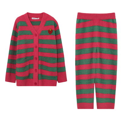 贝妍女冬时尚条纹保暖半边绒睡衣