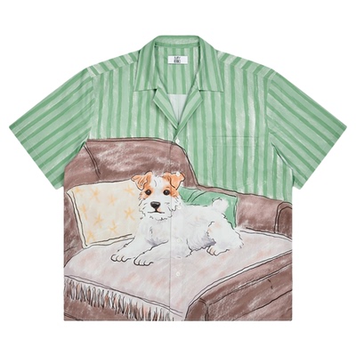EMPTYREFERENCE古巴领复古手绘惬意午后小狗印花衬衣宽松短袖衬衫