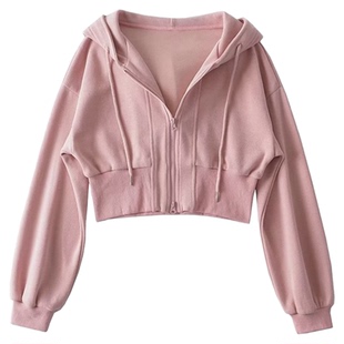 小谷姿欧美风短款双拉链连帽卫衣女时尚宽松运动高腰休闲外套上衣