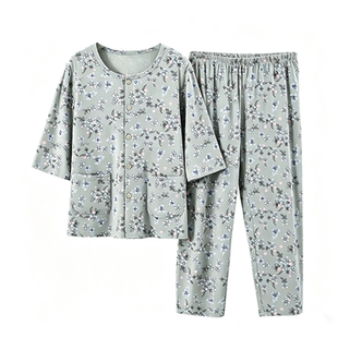 雅鹿中老年女士纯棉开衫睡衣套装妈妈长裤老人全棉家居服夏季衣服