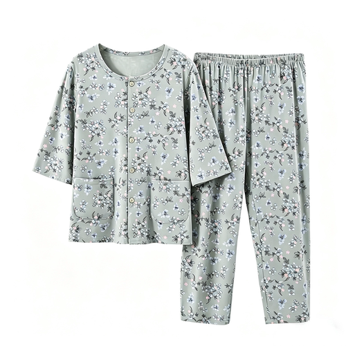 雅鹿中老年女士纯棉开衫睡衣套装妈妈长裤老人全棉家居服夏季衣服