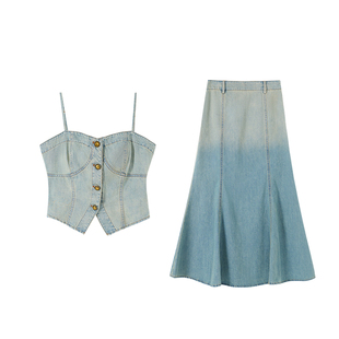 Jamor渐变牛仔套装两件套吊带半身长裙2025秋冬新款时尚好看