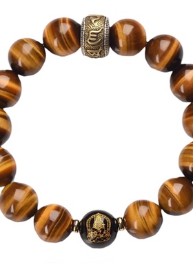 天然黄虎眼石六字真言转运手串