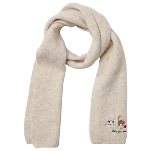 热风女士围巾2025年冬季新款绣花小猫针织围巾韩系保暖装饰围脖