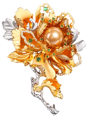 VISING珠宝花开富贵金色贝珠花朵胸针毛衣链两戴款S925