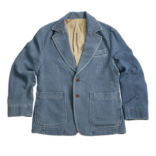 SOARIN复古老钱风牛仔西装外套男华夫格洗水蓝休闲青年痞帅单西服