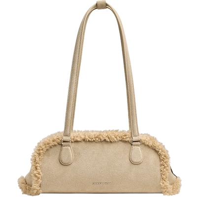 CHARLES&KEITH春季女包CK2-30782751-2拼接毛绒单肩腋下包法棍包