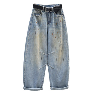 宽松老爹裤女2026春夏复古色牛仔裤时尚百搭长裤潮流无弹哈伦裤子