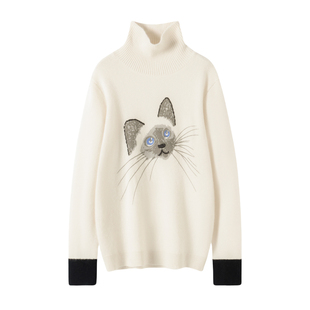 喵星人醉爱系~猫咪提花羊绒衫女高领拼色中长款加厚休闲针织毛衣
