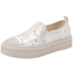 百丽女鞋子渔夫鞋厚底亮片帆布鞋一脚蹬休闲小白板鞋B3R1DBM4