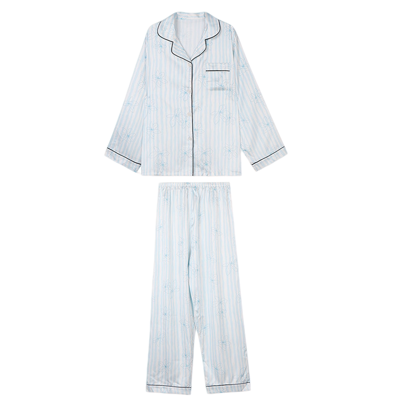 女士翻领长袖条纹花朵家居服套装