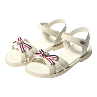 美格新女童真皮凉鞋中大童牛皮露趾软底防滑蝴蝶结时尚皮鞋魔术贴