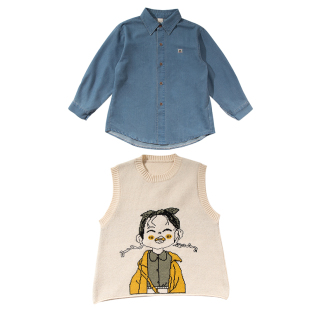 2026超火女童套装马甲春秋新款中大童洋气毛衣背心牛仔衬衫两件套