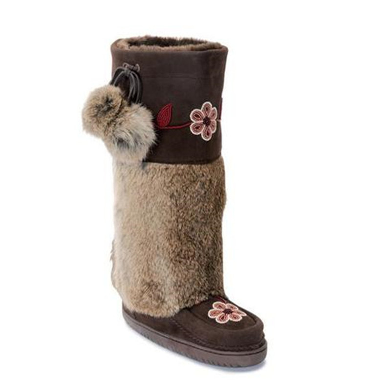 ManitobahMukluks加拿大本土品牌重手工花朵钉珠高筒兔毛雪地靴女