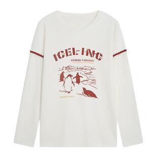 采多宝大码女装圆领印花狗牙边T恤胖mm宽松显瘦动物卡通减龄上衣