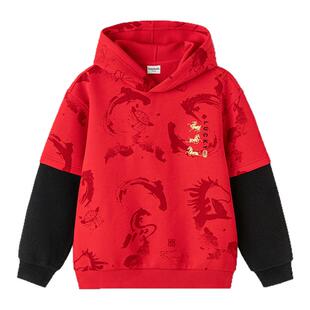 巴拉巴拉男童卫衣大童红色上衣假两件儿童拜年服2026春装新款童装