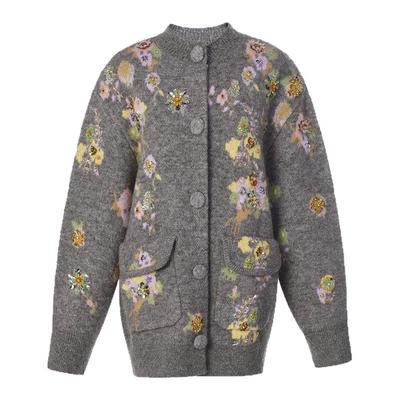 lefame拉飞姆2025冬季新款慵懒奶奶风廓形彩色花朵珠饰针织开衫女