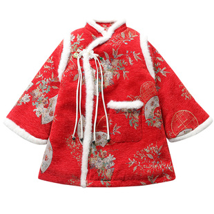 女童红色印花旗袍冬季加厚中国风新中式拜年服中长款