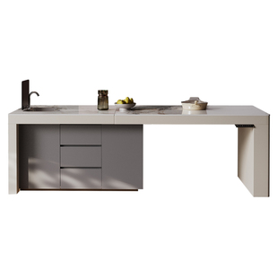 齐平岛台餐桌一体家用伸缩升降中岛台厨房定制高级多功能岩板岛台