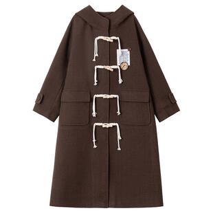 KEIKO 学院风绳结牛角扣饰毛呢大衣25冬季美拉德长款连帽呢子外套