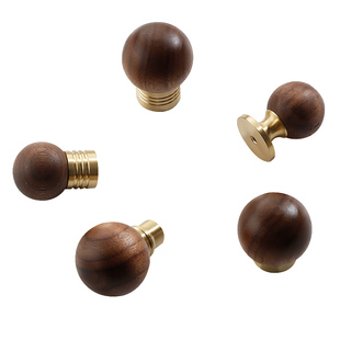 法式复古胡桃木黄铜柜门拉手中古风实木单孔圆球抽屉橱柜衣柜把手