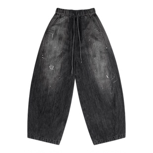 南北贝'泼墨牛仔裤'深灰色阔腿裤女秋冬季高腰松紧腰宽松直筒裤子