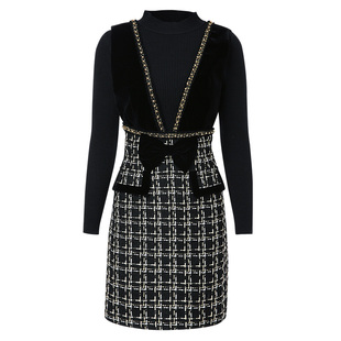 海青蓝秋冬新款半高领针织打底衫粗花呢背心连衣裙小香风两件套装