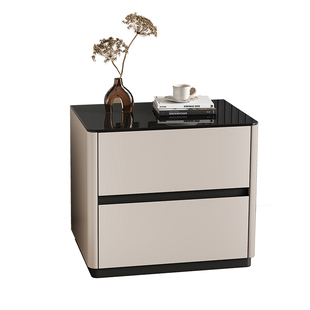 实木烤漆床头柜简约现代2026新款奶油风防爆钢化玻璃桌面床边柜