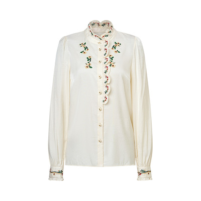 【李兰迪同款】MAXRIENY法式宫廷衬衫26春款刺绣荷叶边立领口衬衣