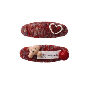 红色毛呢爱心小熊发夹女2026新款高端边夹侧边刘海夹bb夹碎发发卡