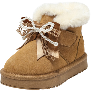 百丽童鞋2025新款冬季女童蝴蝶结雪地靴加绒保暖公主棉靴儿童短靴