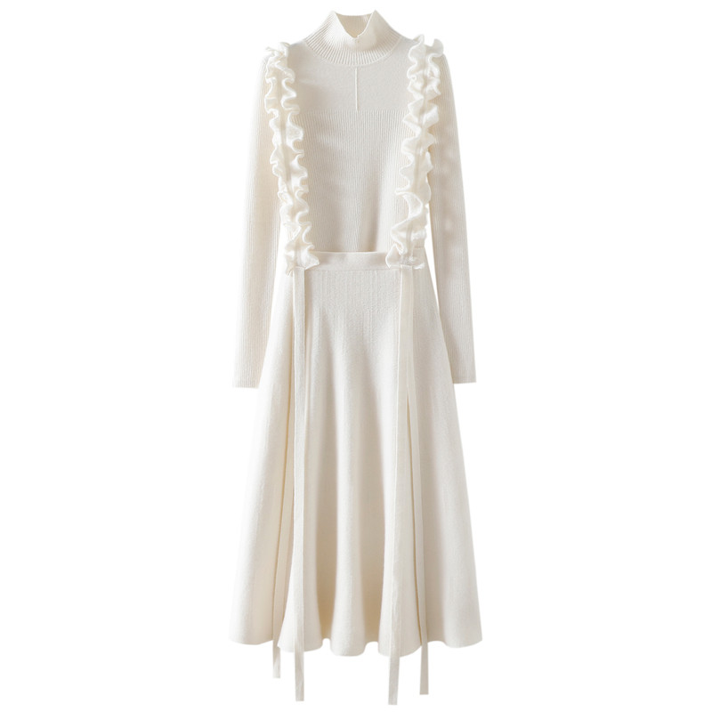 骨子里的气质！大克重高翻领花边100%纯山羊绒衫女纯羊绒裙子套装