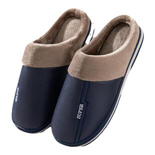 特大码秋冬季棉拖鞋男士家居室内防滑PU防水皮面厚底拖鞋保暖拖鞋