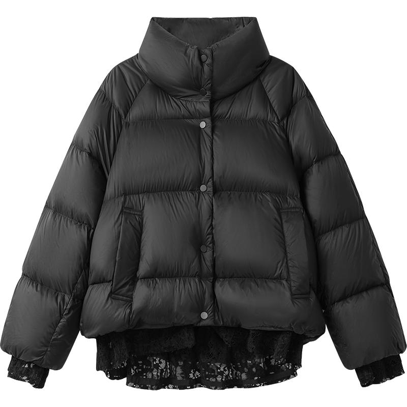 播冬季蕾丝拼接下摆短款保暖立领羽绒服女BDR4RD3756