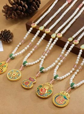 覆古民族风五福圆满金色项炼女景泰蓝吊坠中式长款毛衣炼国风配饰