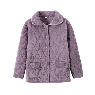 冬季女士法兰绒加绒加厚三层夹棉珊瑚绒女款睡衣家居服女单件上衣