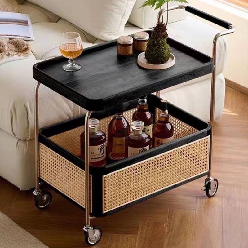 中古实木边几可移动小户型高级藤编极简复古侘寂风沙发茶几小推车