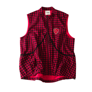 CoosRetro 《绯红星》复古潮流男宽松红黑格子烫钻贴布绣抽绳马甲