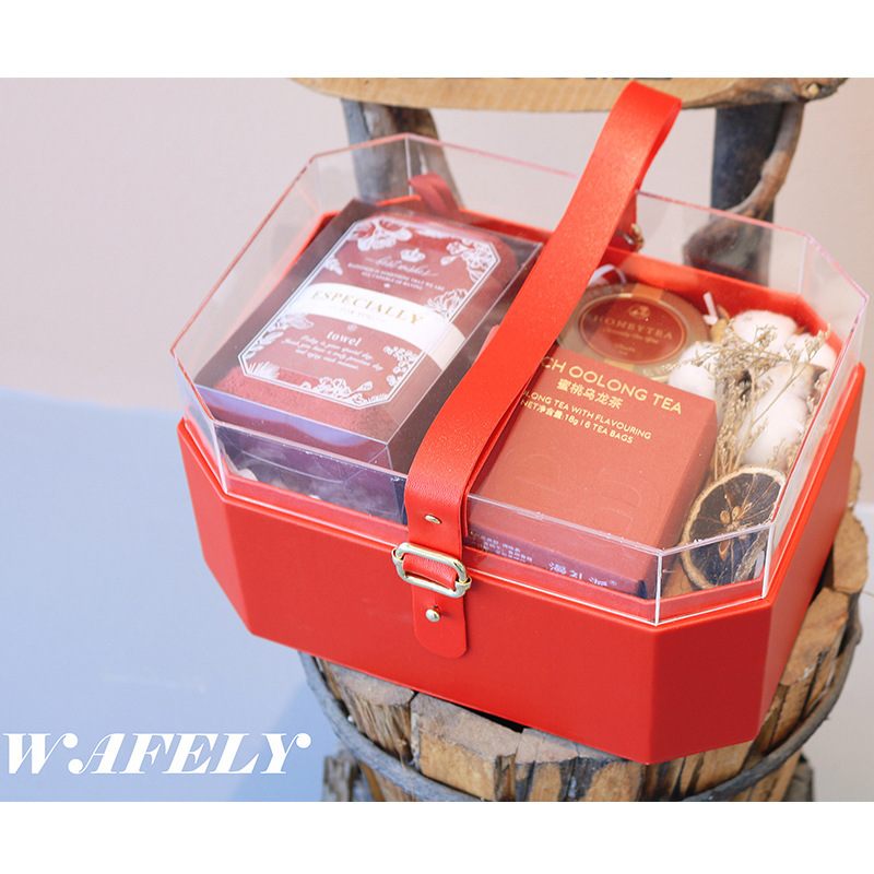 现货批发定制结婚实用婚庆包装盒礼盒亚克力八角伴皮质手礼品手提